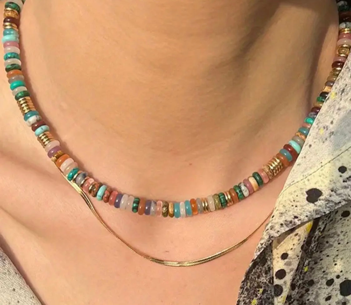 Collier ANTILLES - perles plates naturelles pierres semi précieuses