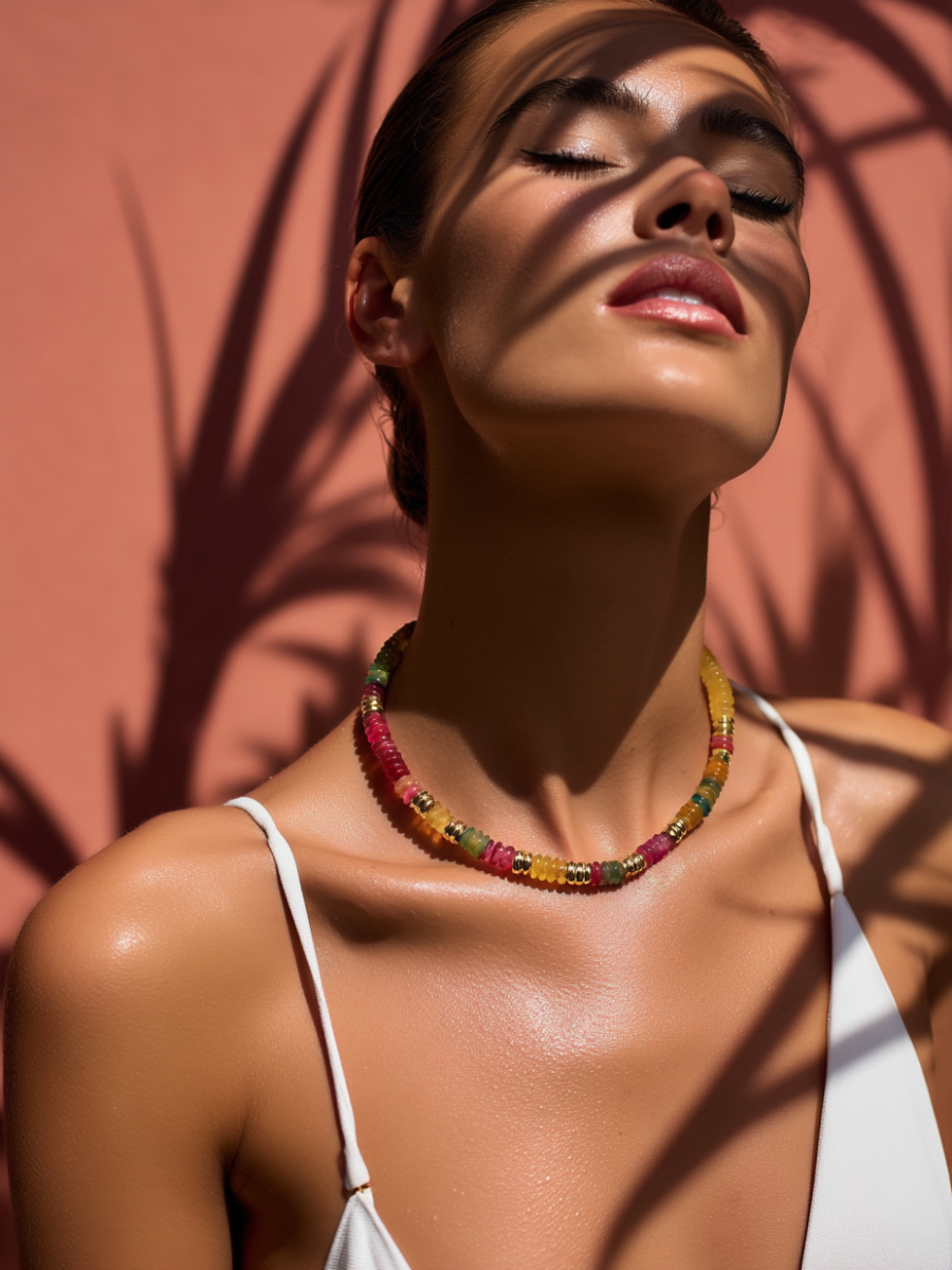 Collier ANTILLES - perles plates naturelles pierres semi précieuses