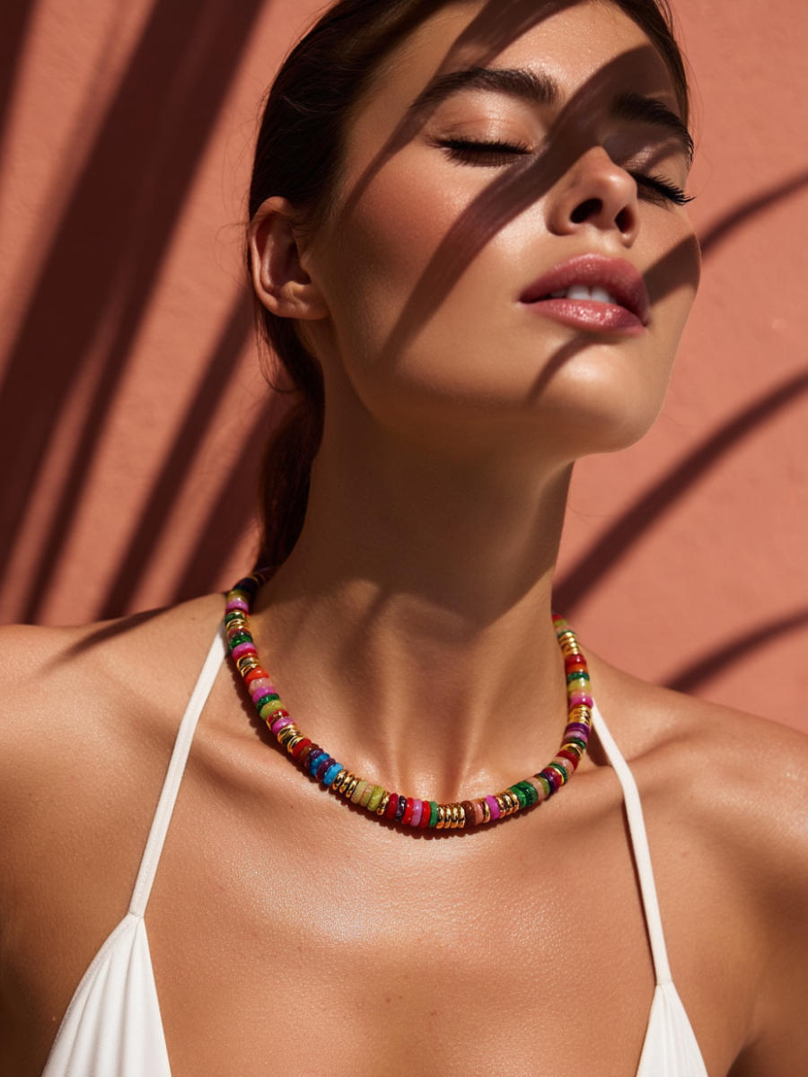 Collier ANTILLES - perles plates naturelles pierres semi précieuses