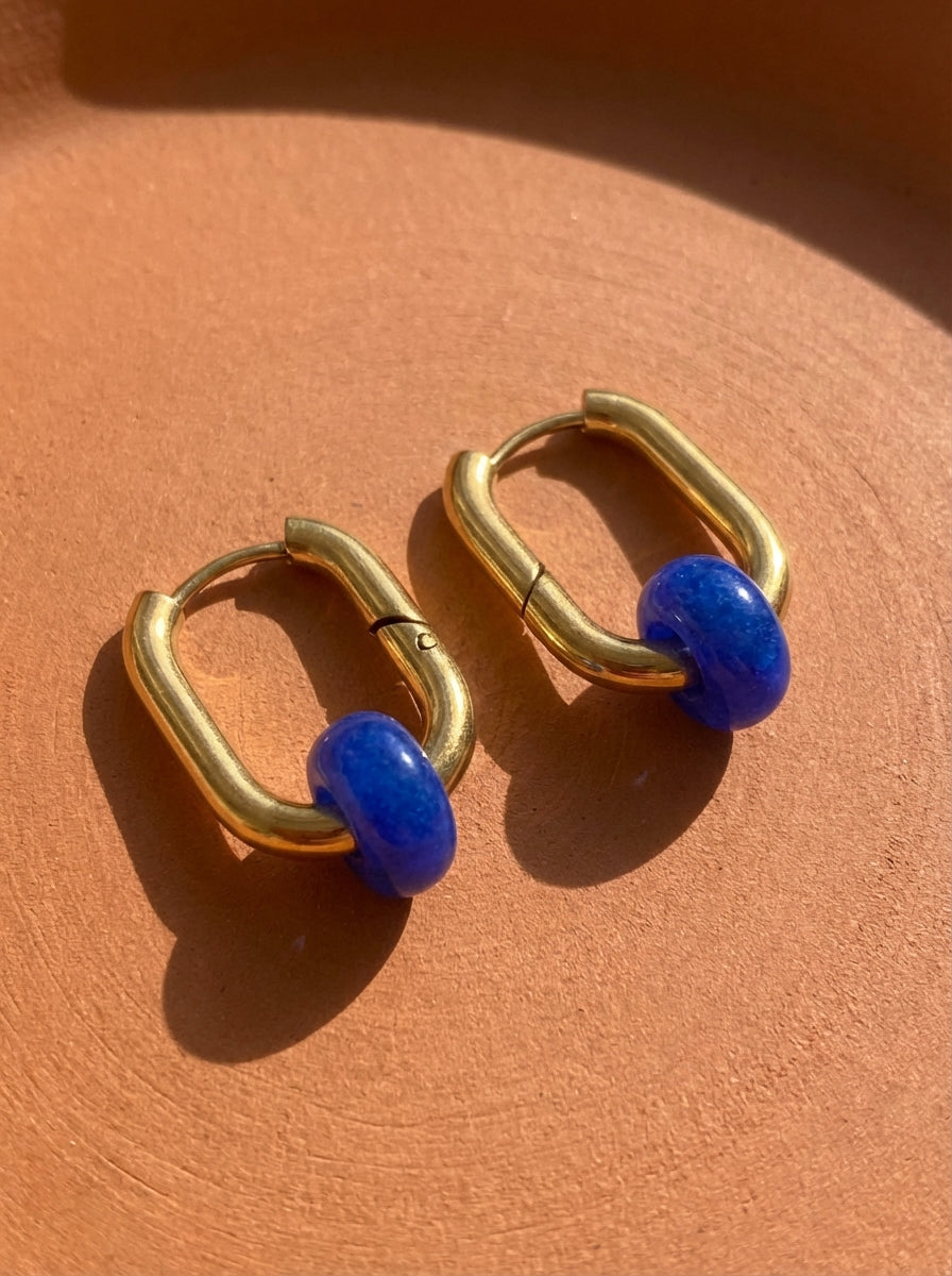 Creoles boucles d’oreilles rectangulaire agates bleues roi