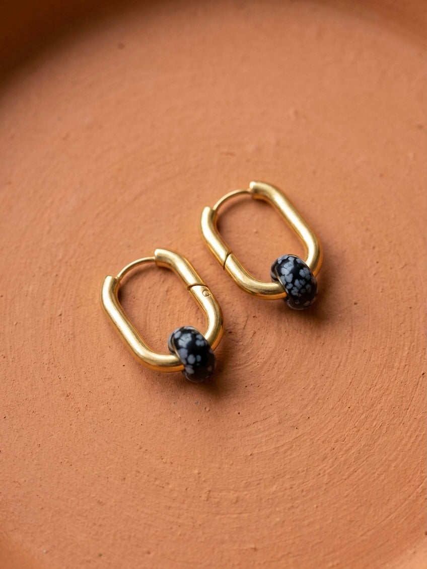 Creoles boucles d’oreilles rectangulaire obsidienne noires flocons 