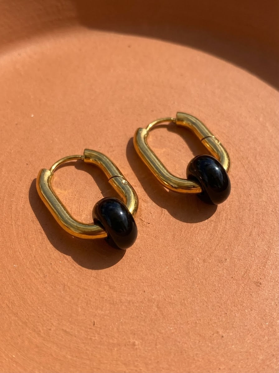 Créoles bohème rectangulaire acier inoxydable pierre onyx noire