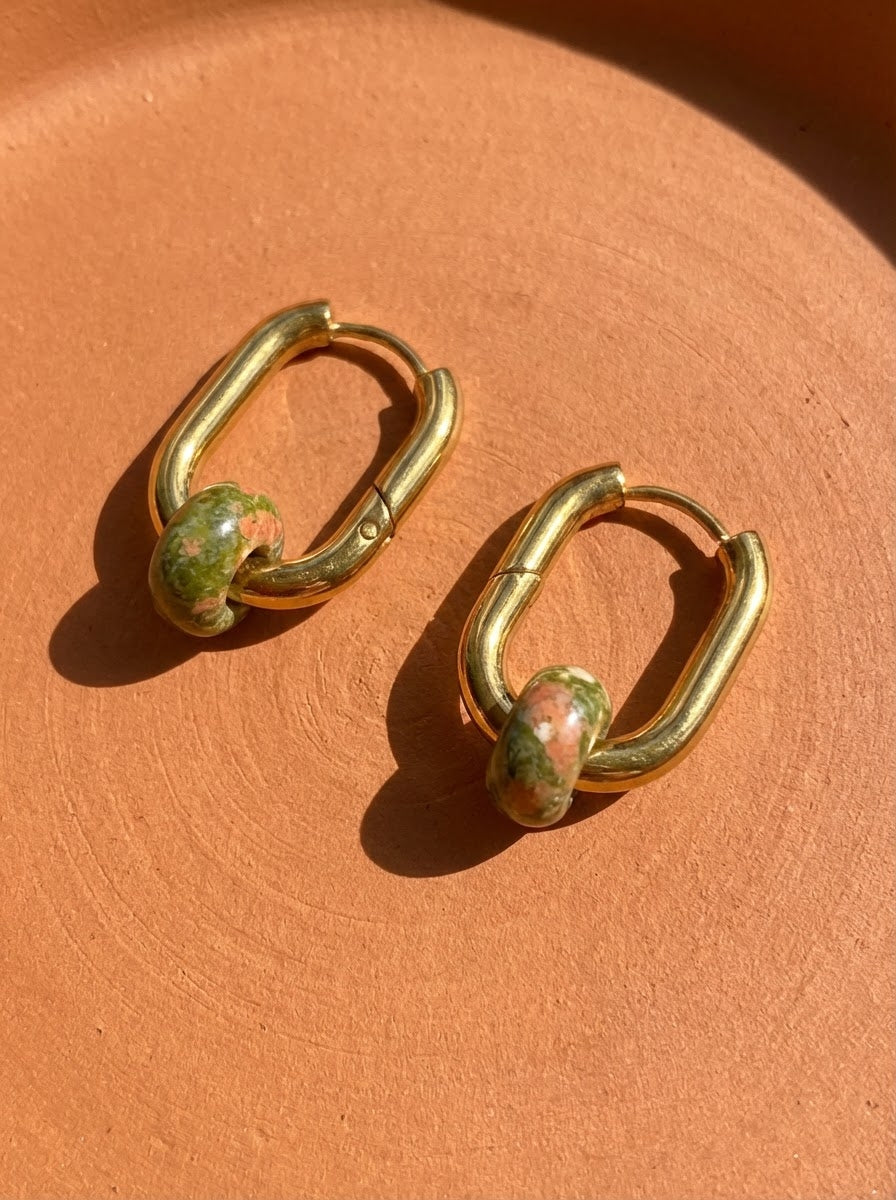 Créoles bohème rectangulaire acier inoxydable pierre unakite 