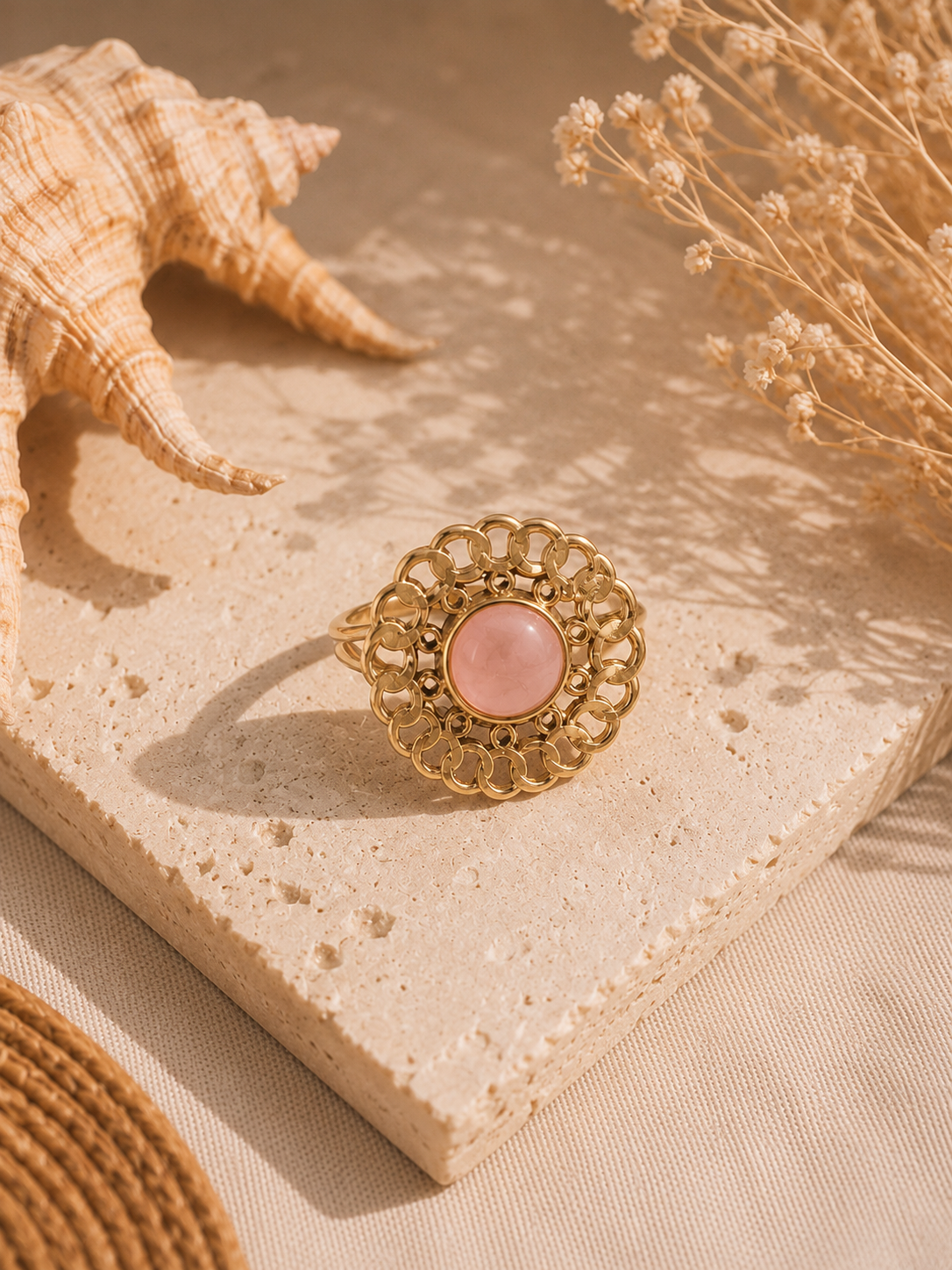 Bague FLORALE — Quartz Rose & Or 24k | Univers Féminin