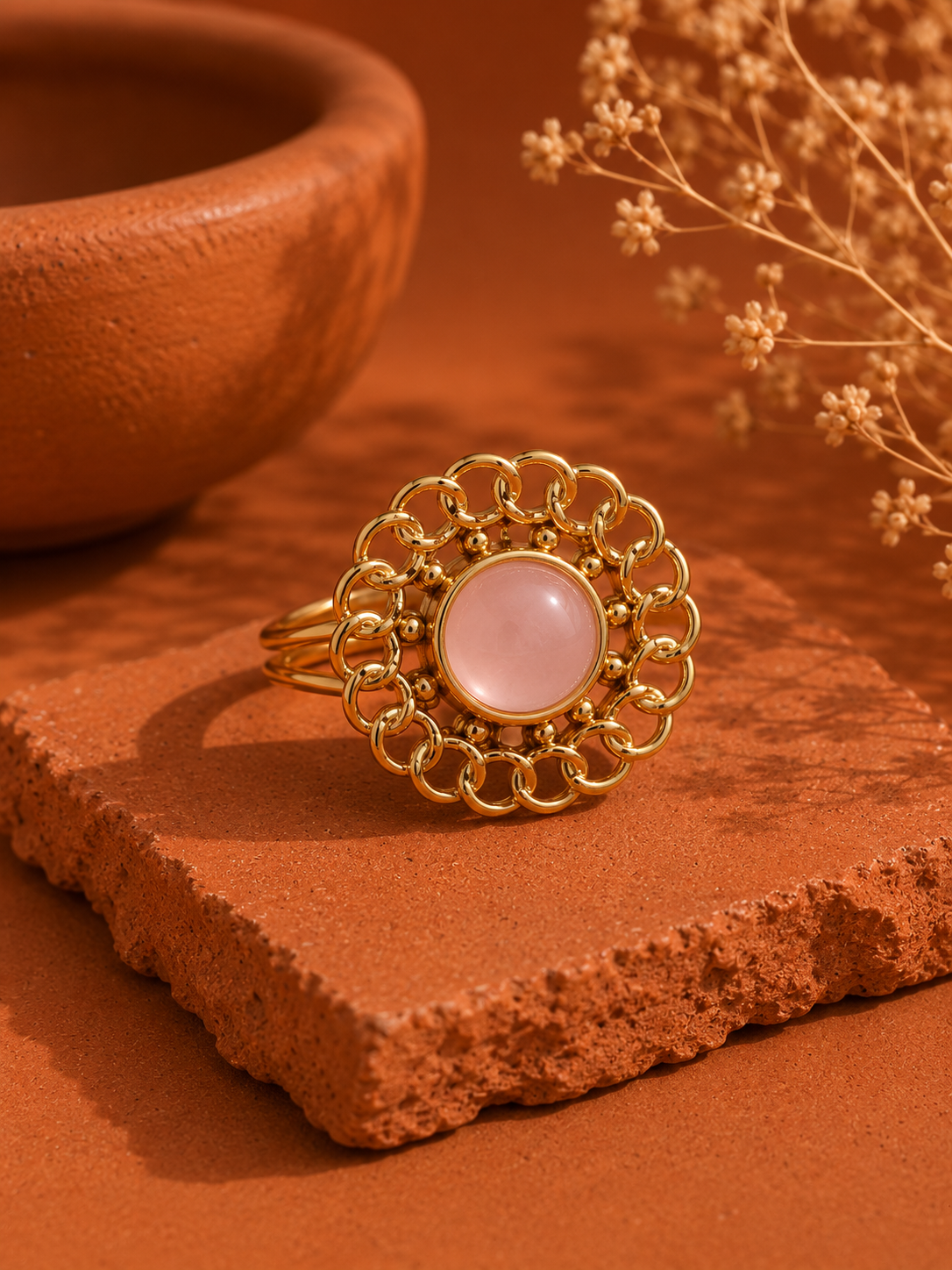 Bague FLORALE — Quartz Rose & Or 24k | Univers Féminin
