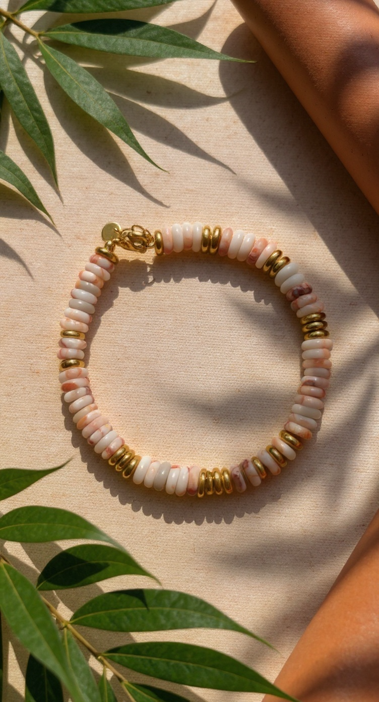 Bracelet ANTILLES - perles plates naturelles pierres semi précieuses