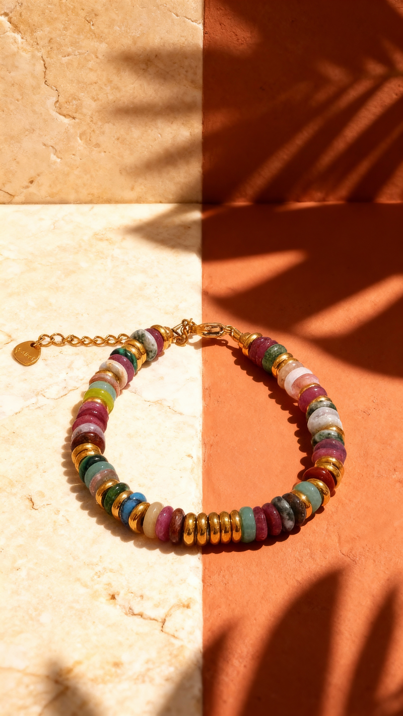 Bracelet ANTILLES - perles plates naturelles pierres semi précieuses