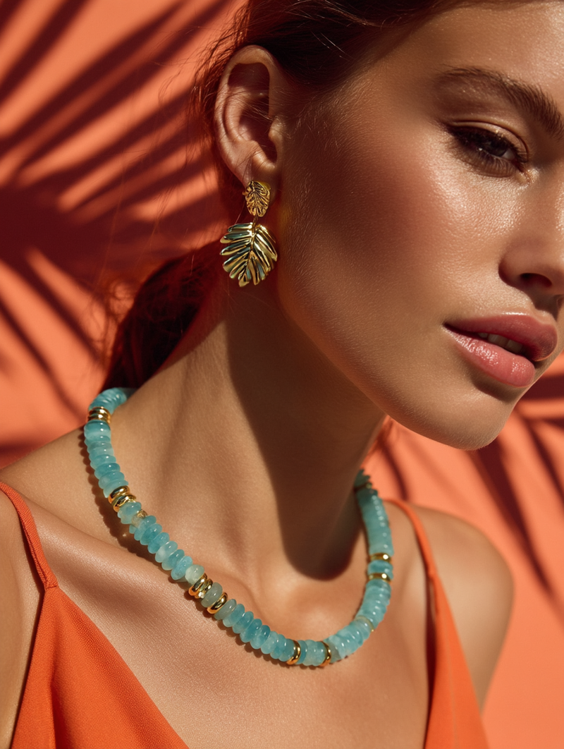 Collier ANTILLES - perles plates naturelles pierres semi précieuses