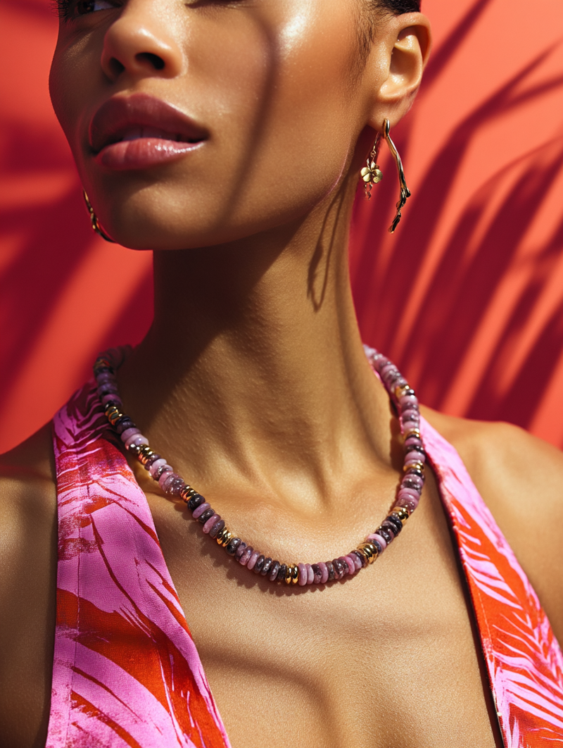 Collier ANTILLES - perles plates naturelles pierres semi précieuses